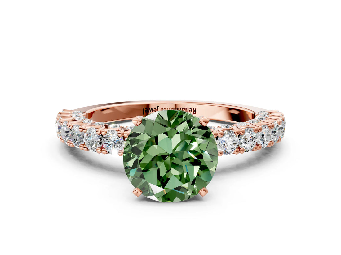 Rose gold Fancy Green Round Cut Diamond Pavé Band Solitaire Ring with Prong Setting_62