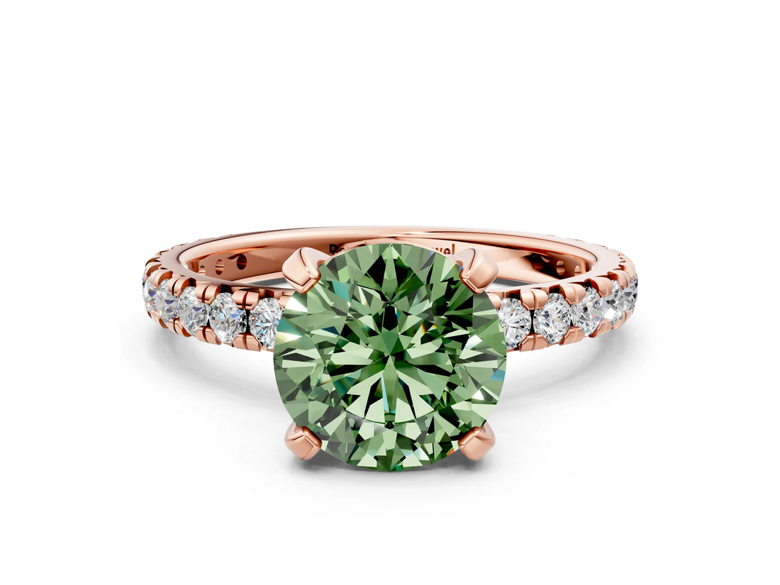 Rose gold Fancy Green Round Cut Diamond Pavé Solitaire Ring with Round Band and Prong Setting_12