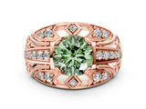 Rose gold Fancy Green Round Cut Diamond Pave Art Deco Split Shank Ring with Four-Prong Setting