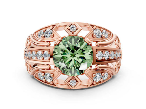 Rose gold Fancy Green Round Cut Diamond Pave Art Deco Split Shank Ring with Four-Prong Setting