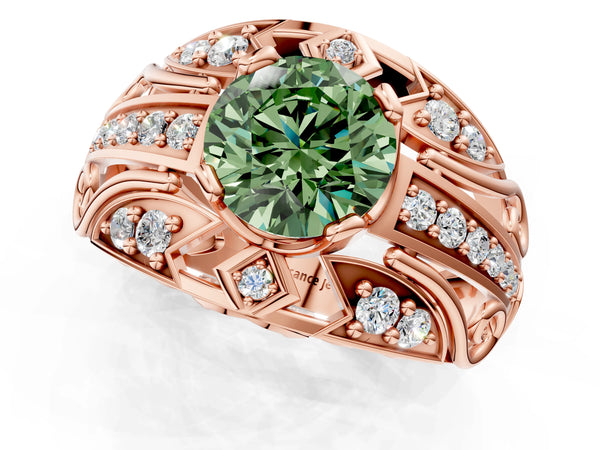 Rose gold Fancy Green Round Cut Diamond Pave Art Deco Split Shank Ring with Four-Prong Setting