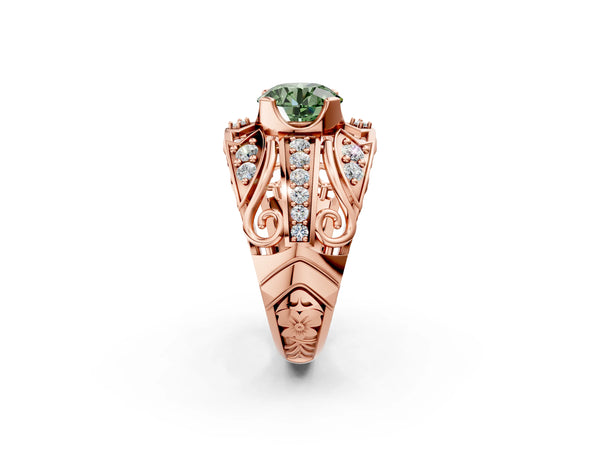 Rose gold Fancy Green Round Cut Diamond Pave Art Deco Split Shank Ring with Four-Prong Setting