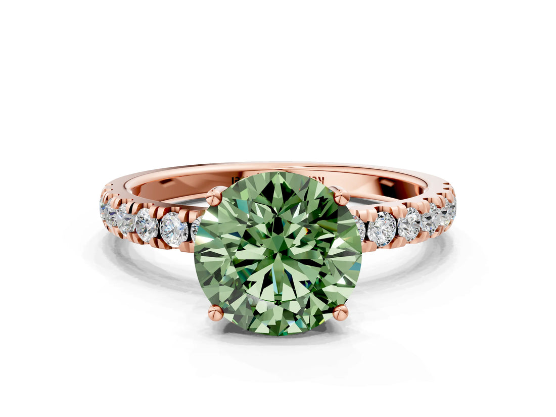 Rose gold Fancy Green Round Cut Diamond Pave Band Solitaire Ring with Four-Prong Setting_59