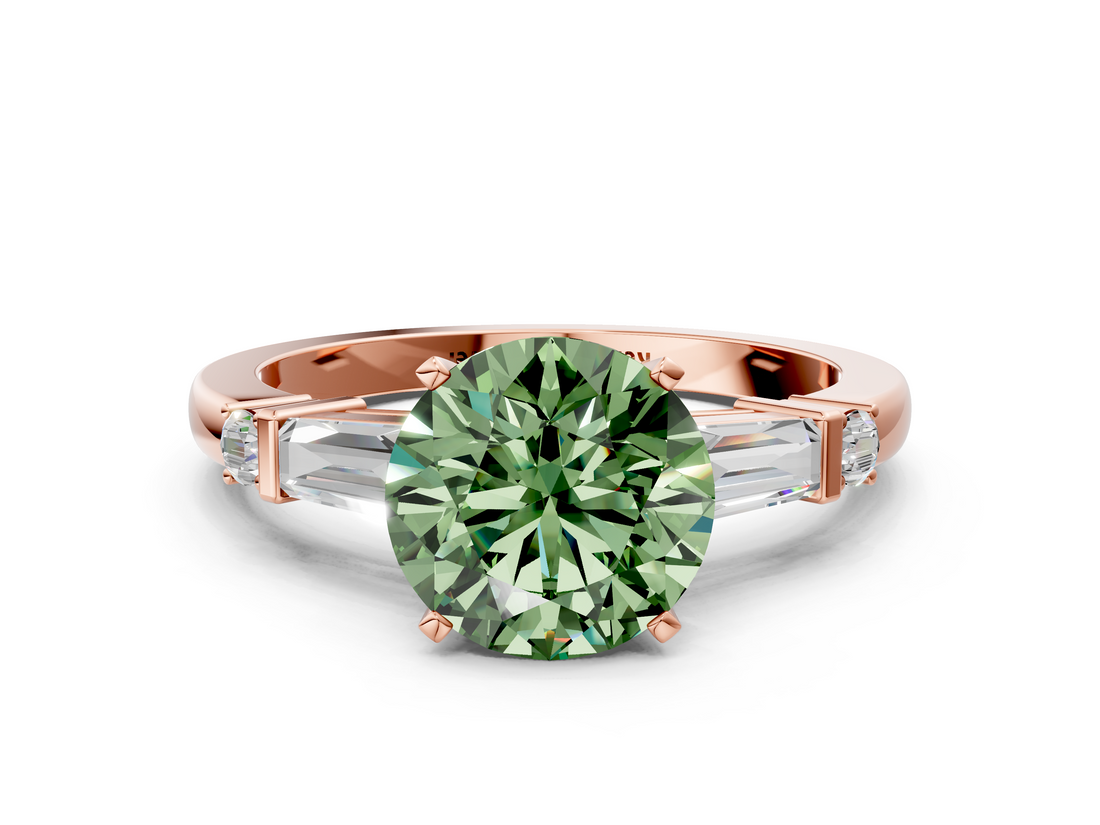 Rose gold Fancy Green Round  Cut Diamond Ring with Baguette Side Stones, Channel Set Band, and Four-Prong Setting_3