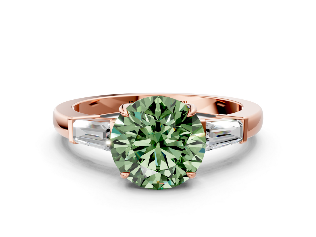 Rose gold Fancy Green Round  Cut Diamond Ring with Tapered Baguette Side Stones in Four-Prong Setting_3