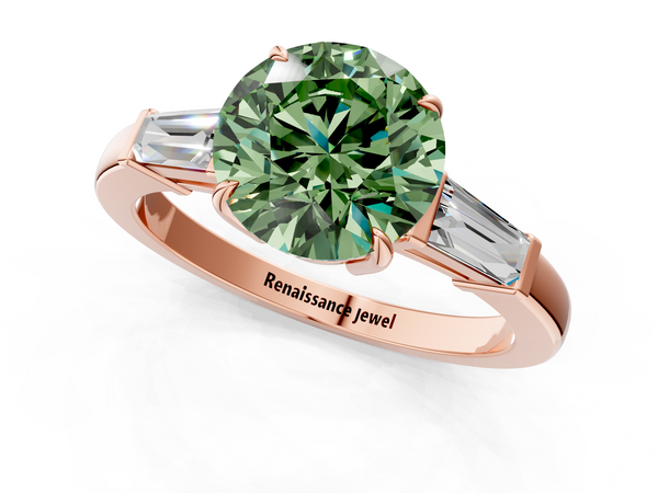 Rose gold Fancy Green Round  Cut Diamond Ring with Tapered Baguette Side Stones in Four-Prong Setting