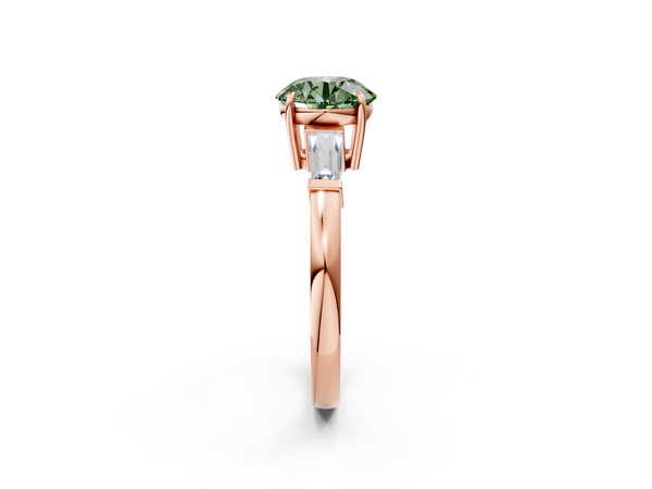 Rose gold Fancy Green Round  Cut Diamond Ring with Tapered Baguette Side Stones in Four-Prong Setting