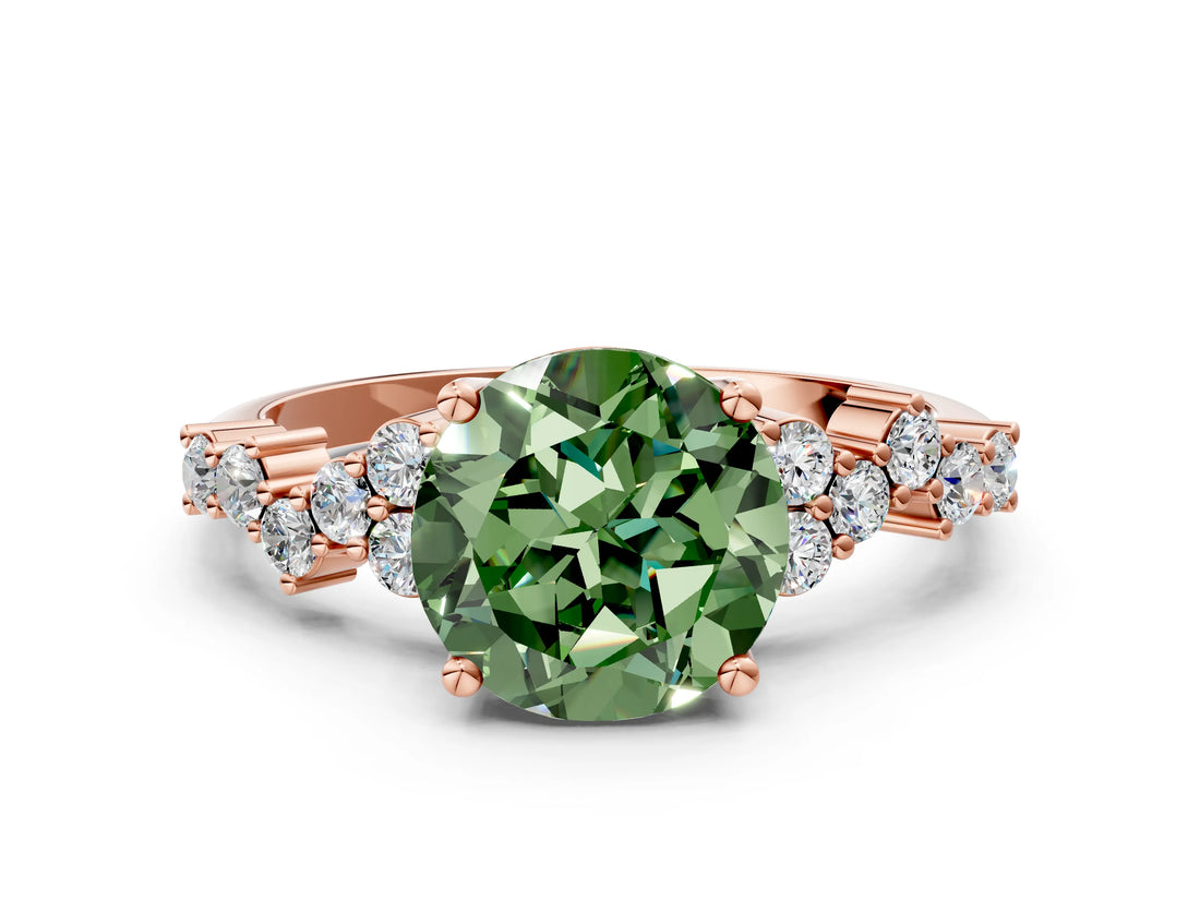 Rose gold Fancy Green Round Cut Diamond Scattered Round Accent Ring with Prong Setting_12