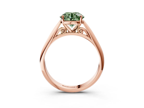 Rose gold Fancy Green Round Cut Diamond Solitaire Engagement Ring with Cathedral Setting and Four-Prong Mount