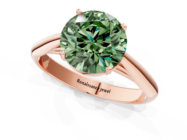 Rose gold Fancy Green Round Cut Diamond Solitaire Engagement Ring with Cathedral Setting and Four-Prong Mount