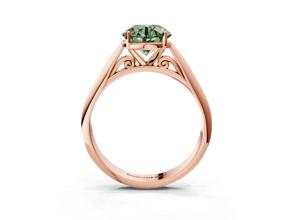 Rose gold Fancy Green Round Cut Diamond Solitaire Engagement Ring with Cathedral Setting and Four-Prong Mount