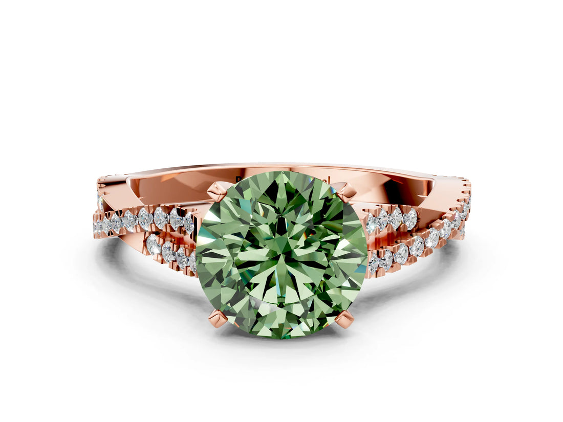 Rose gold Fancy Green Round Cut Diamond Solitaire Engagement Ring with Twisted Pavé Band and Four-Prong Setting_45