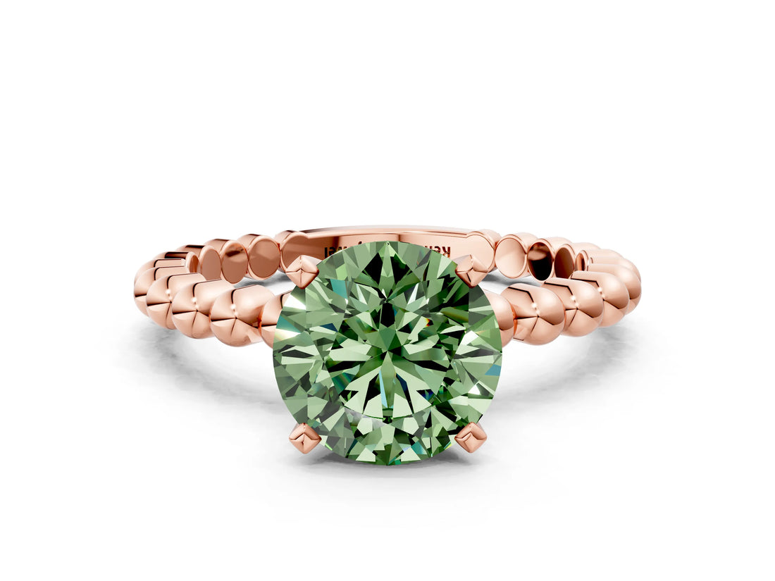 Rose gold Fancy Green Round Cut Diamond Solitaire Ring with Beaded Band and Prong Setting_286
