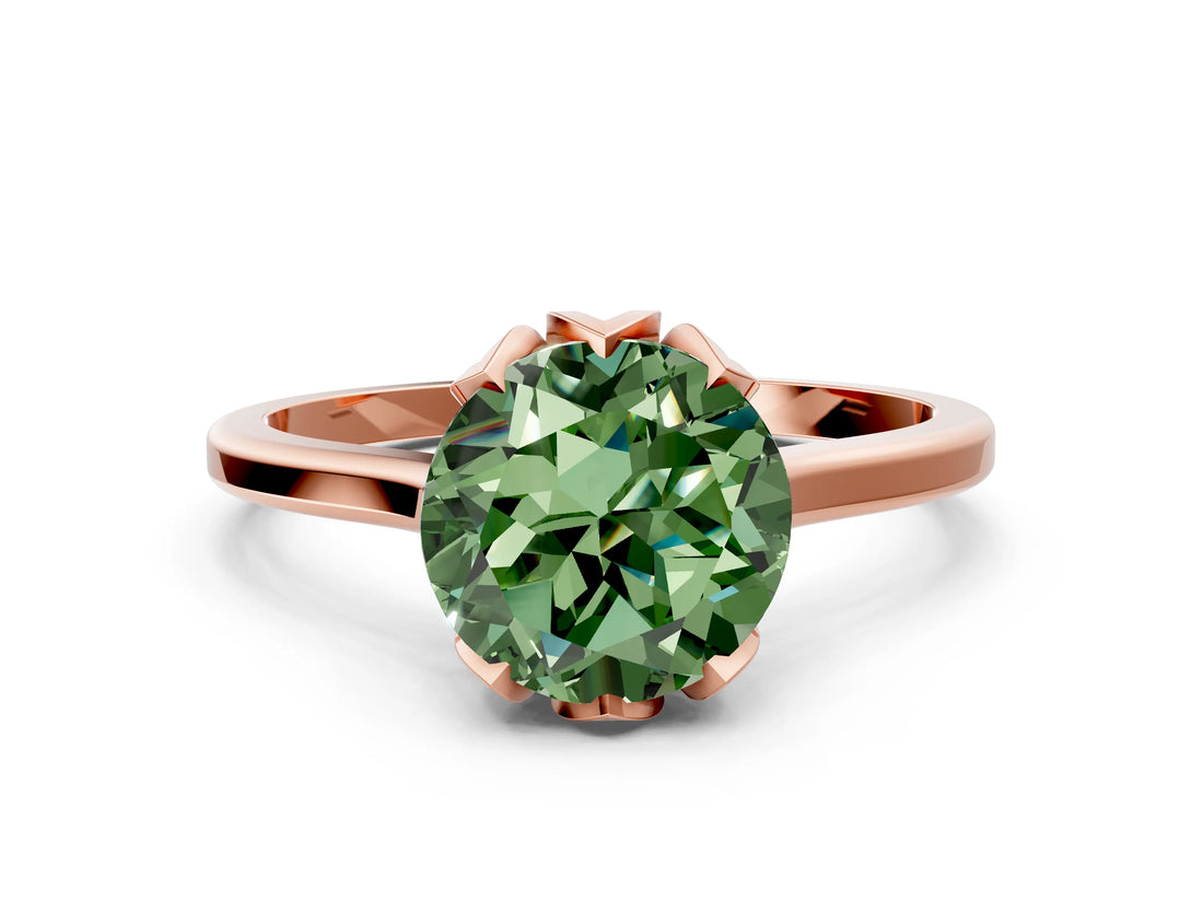 Rose gold Fancy Green Round Cut Diamond Solitaire Ring with Flower Prong Setting and Classic Band_36