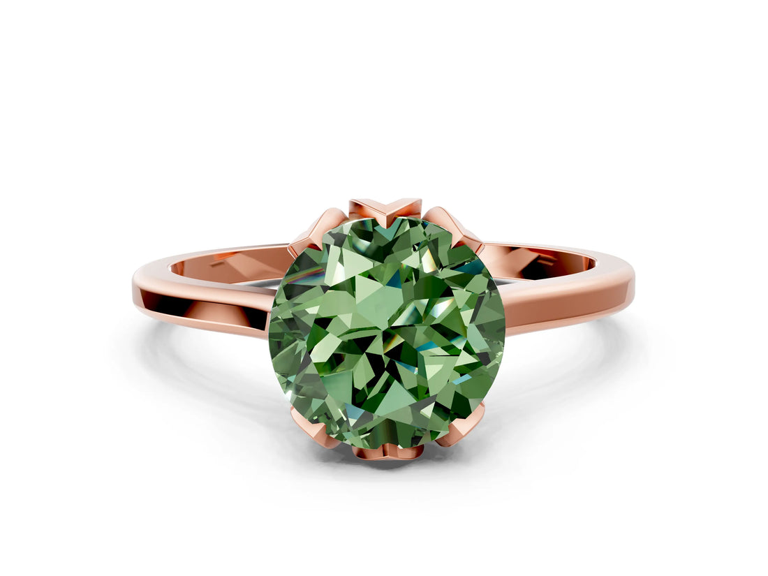 Rose gold Fancy Green Round Cut Diamond Solitaire Ring with Flower Prong Setting and Classic Band_82
