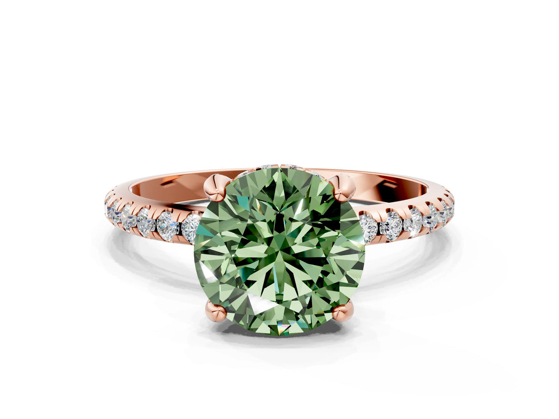 Rose gold Fancy Green Round Cut Diamond Solitaire Ring with Four-Prong Setting and Pavé Band_3