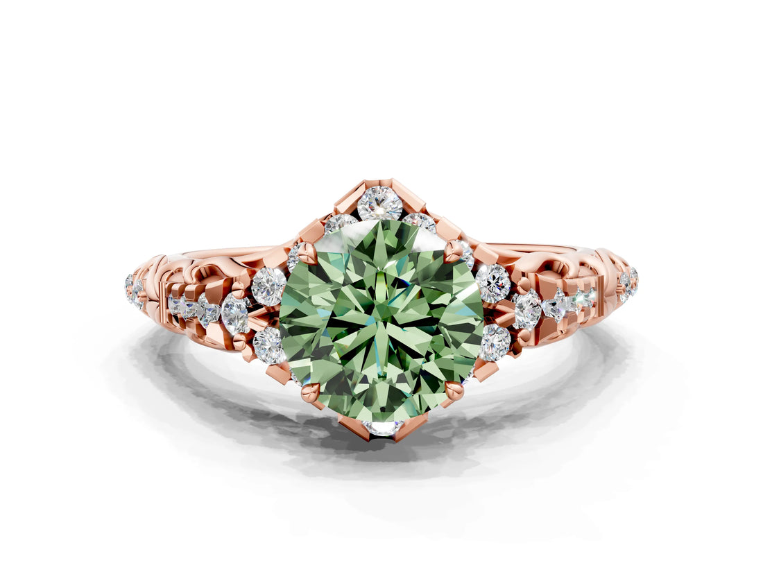 Rose gold Fancy Green Round Cut Diamond Solitaire Ring with Hidden Halo and Pavé Band_27