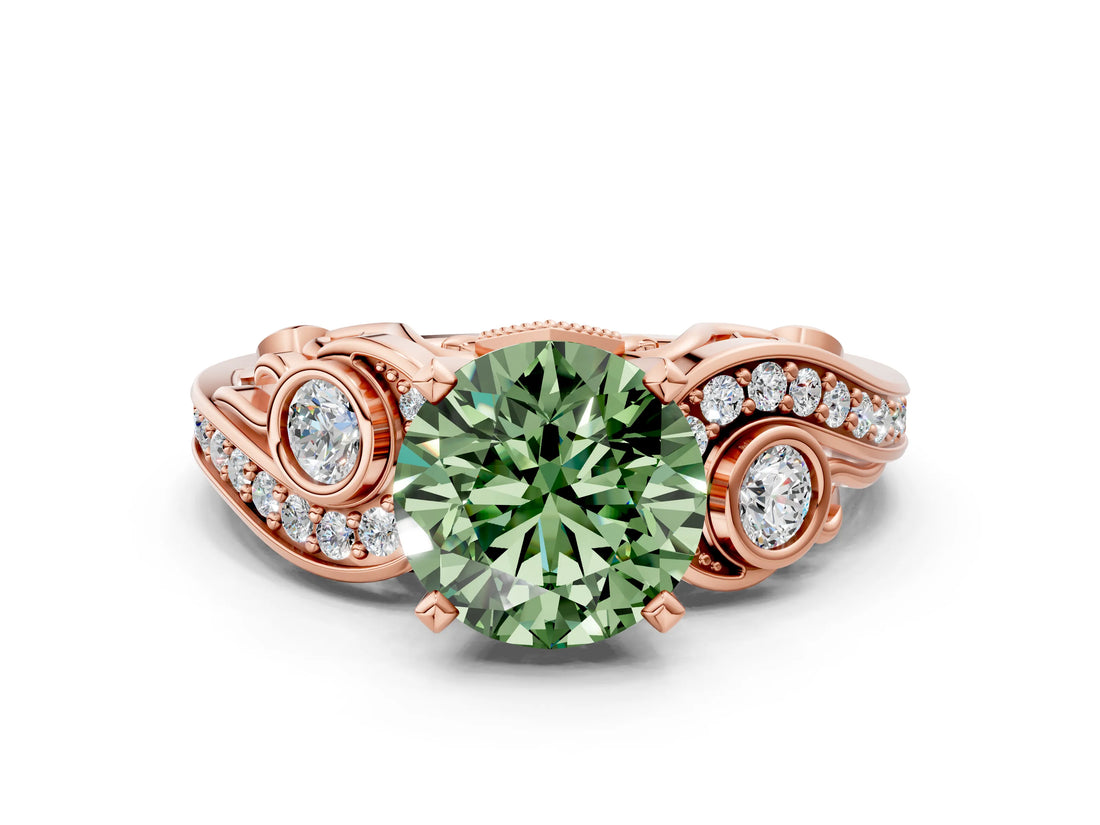 Rose gold Fancy Green Round Cut Diamond Solitaire Ring with Milgrain Pavé Band and Four-Prong Setting_171