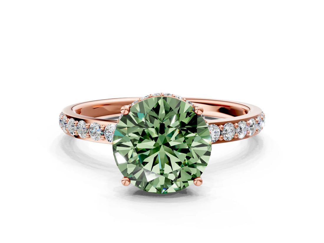 Rose gold Fancy Green Round Cut Diamond Solitaire Ring with Pavé Band and Hidden Halo_18
