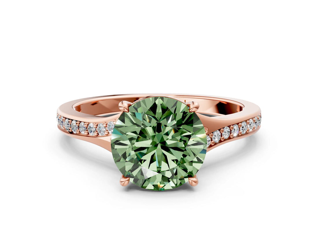 Rose gold Fancy Green Round Cut Diamond Solitaire Ring with Pavé Band and Prong Setting_12