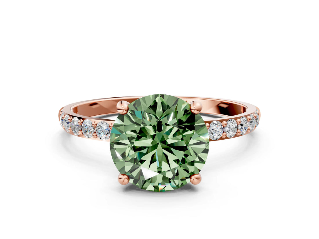 Rose gold Fancy Green Round Cut Diamond Solitaire Ring with Pave Band and Four Prong Setting_90