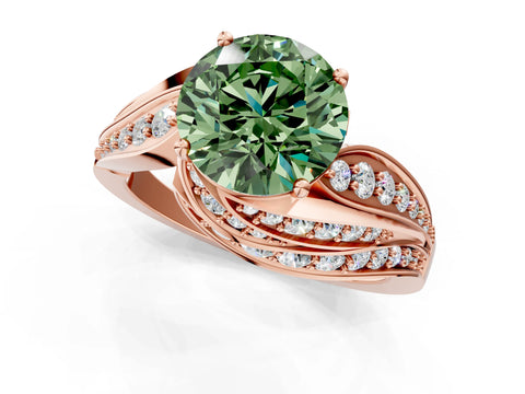 Rose gold Fancy Green Round Cut Diamond Solitaire Ring with Prong Setting and Twisted Pavé Band_1