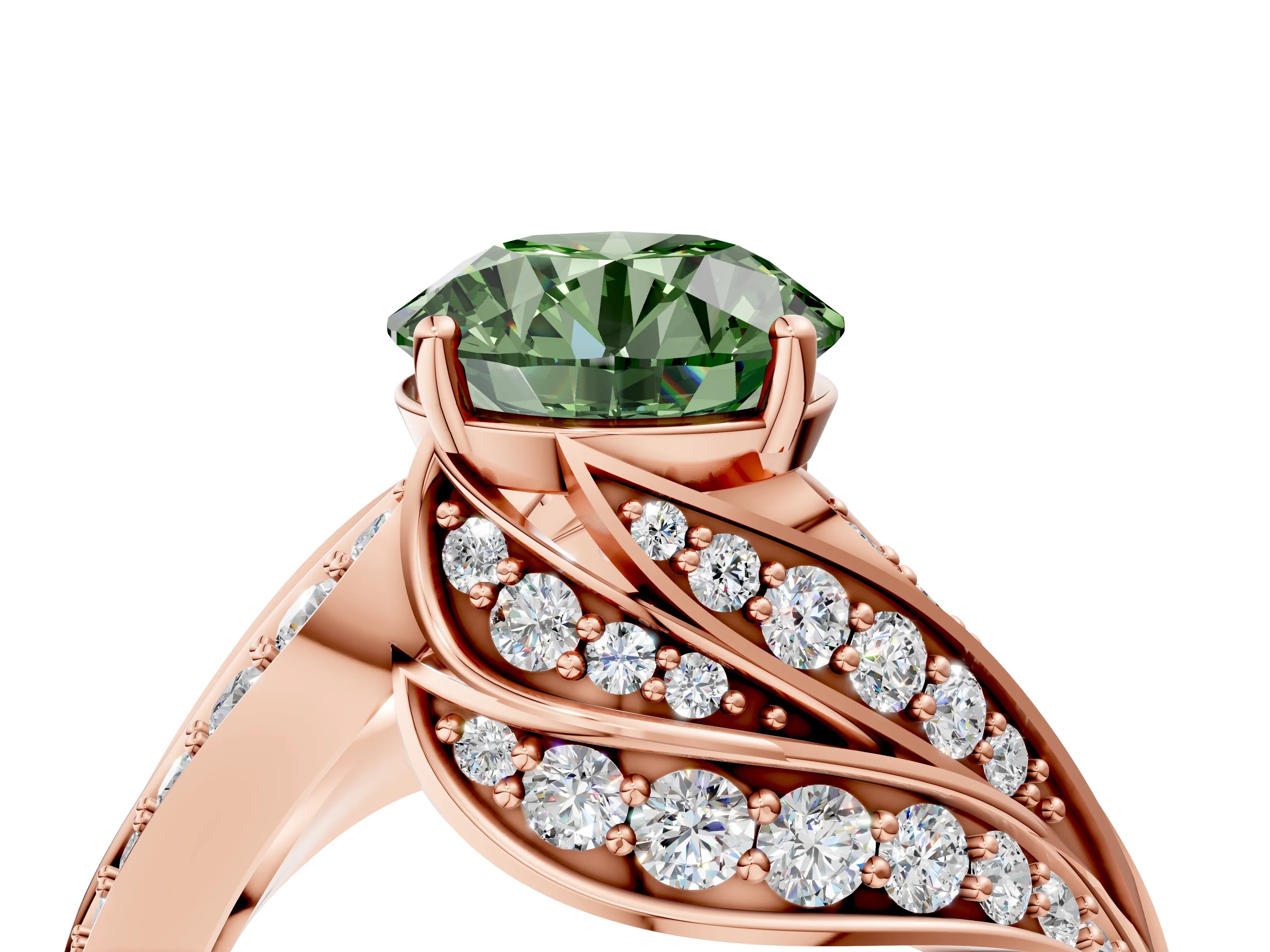 Rose gold Fancy Green Round Cut Diamond Solitaire Ring with Prong Setting and Twisted Pavé Band_4