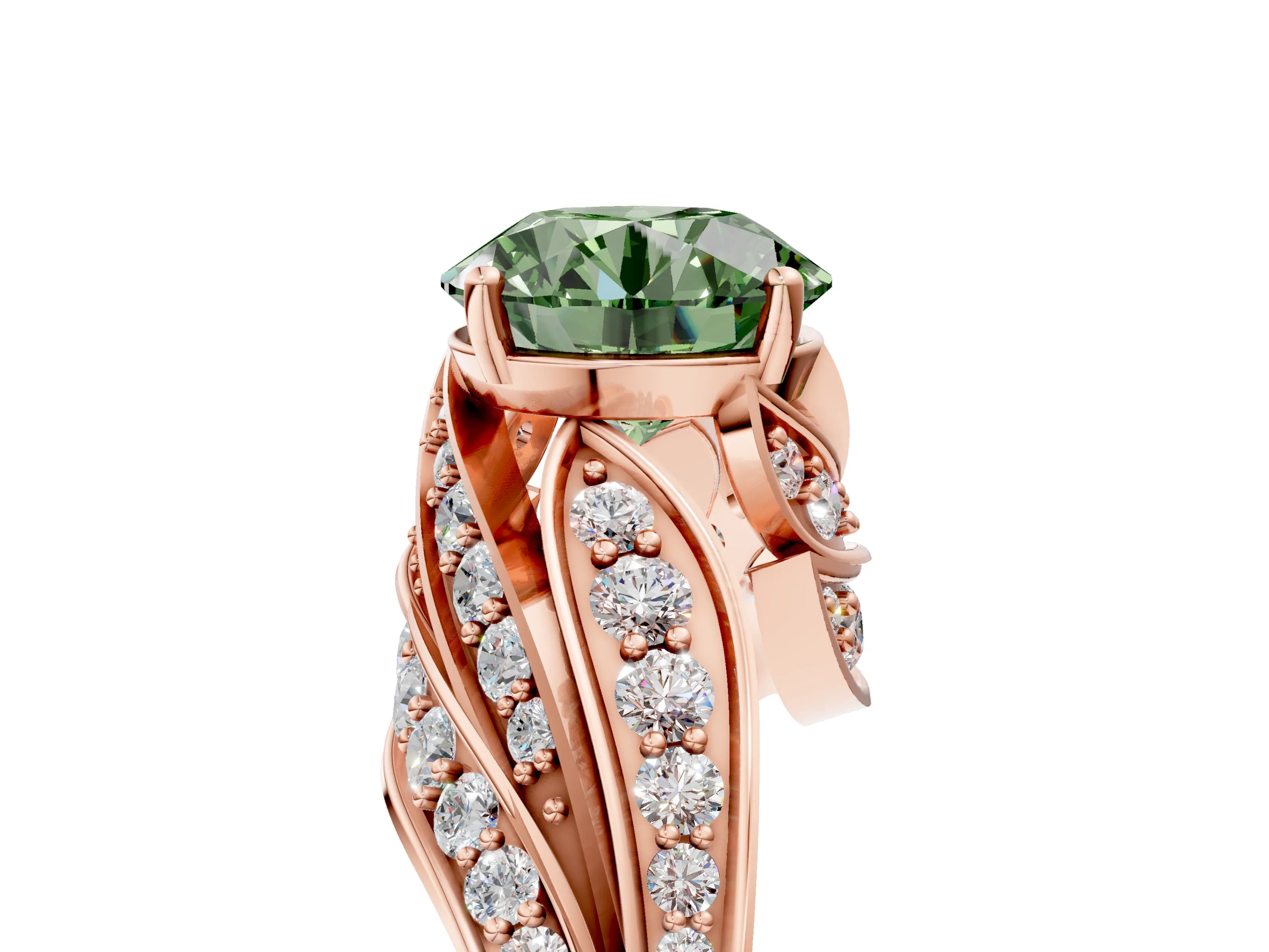 Rose gold Fancy Green Round Cut Diamond Solitaire Ring with Prong Setting and Twisted Pavé Band_5
