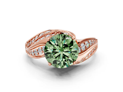 Rose gold Fancy Green Round Cut Diamond Solitaire Ring with Prong Setting and Twisted Pavé Band