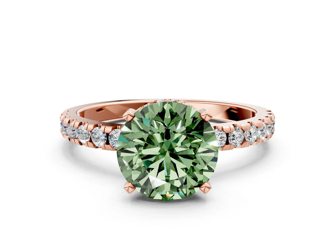 Rose gold Fancy Green Round Cut Diamond Solitaire Ring with Round  Pavé Band and Four-Prong Setting_36