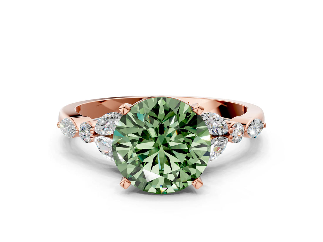 Rose gold Fancy Green Round Cut Diamond Solitaire Ring with Side Stones and Four-Prong Setting_72