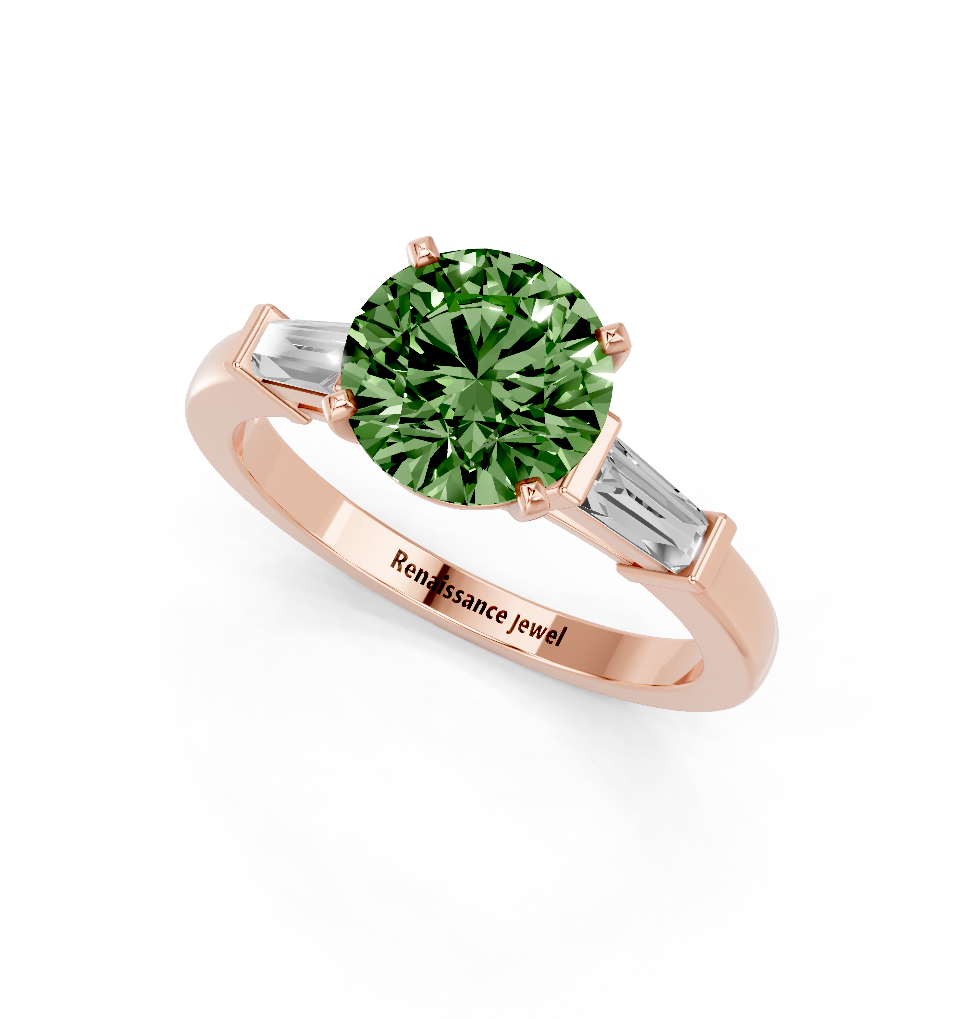 Rose gold Fancy Green Round  Cut Diamond Solitaire Ring with Tapered Baguette Accents and Four-Prong Setting_2