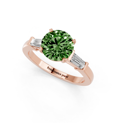 Rose gold Fancy Green Round  Cut Diamond Solitaire Ring with Tapered Baguette Accents and Four-Prong Setting_2