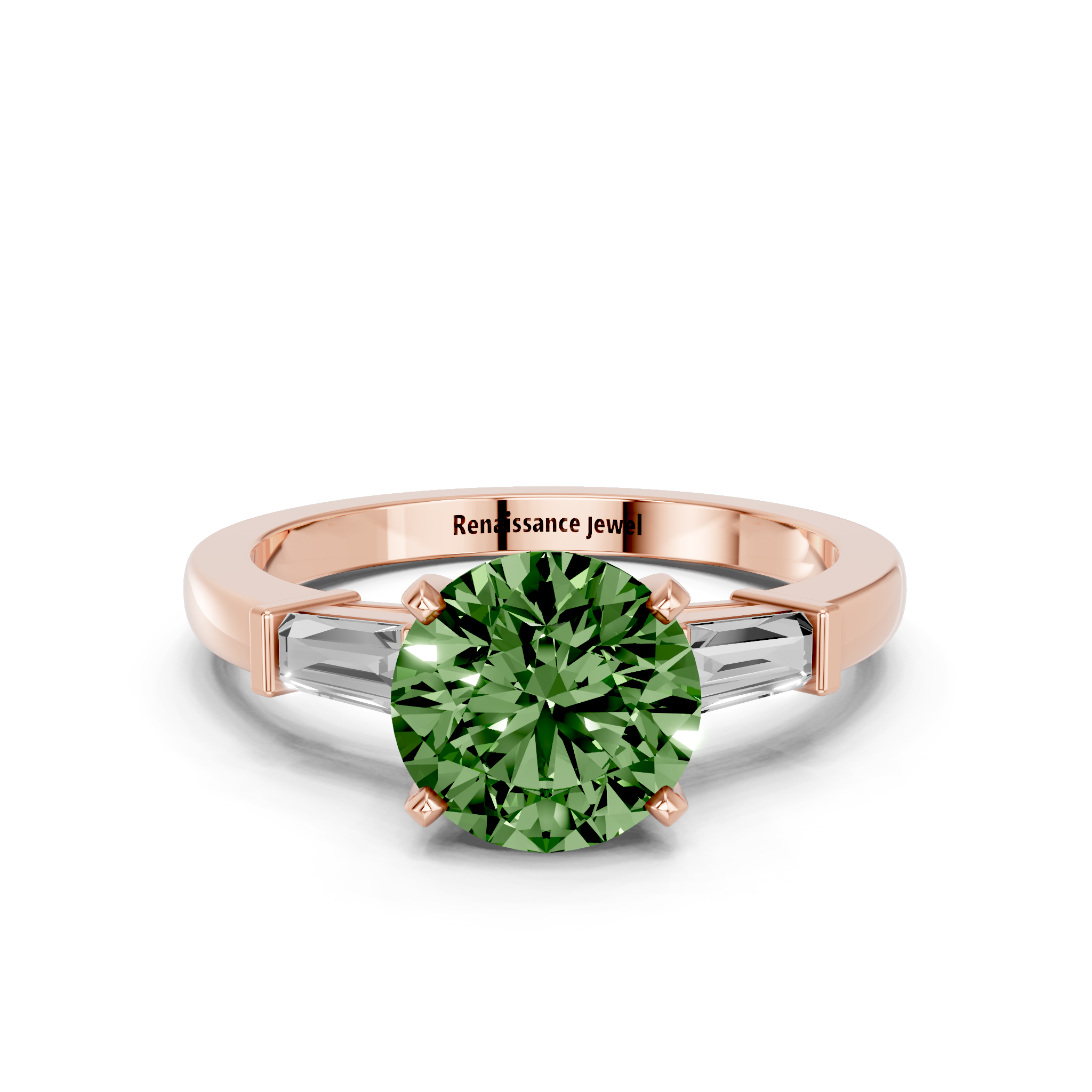 Rose gold Fancy Green Round  Cut Diamond Solitaire Ring with Tapered Baguette Accents and Four-Prong Setting_6