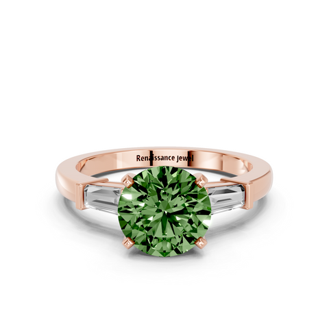 Rose gold Fancy Green Round  Cut Diamond Solitaire Ring with Tapered Baguette Accents and Four-Prong Setting_6