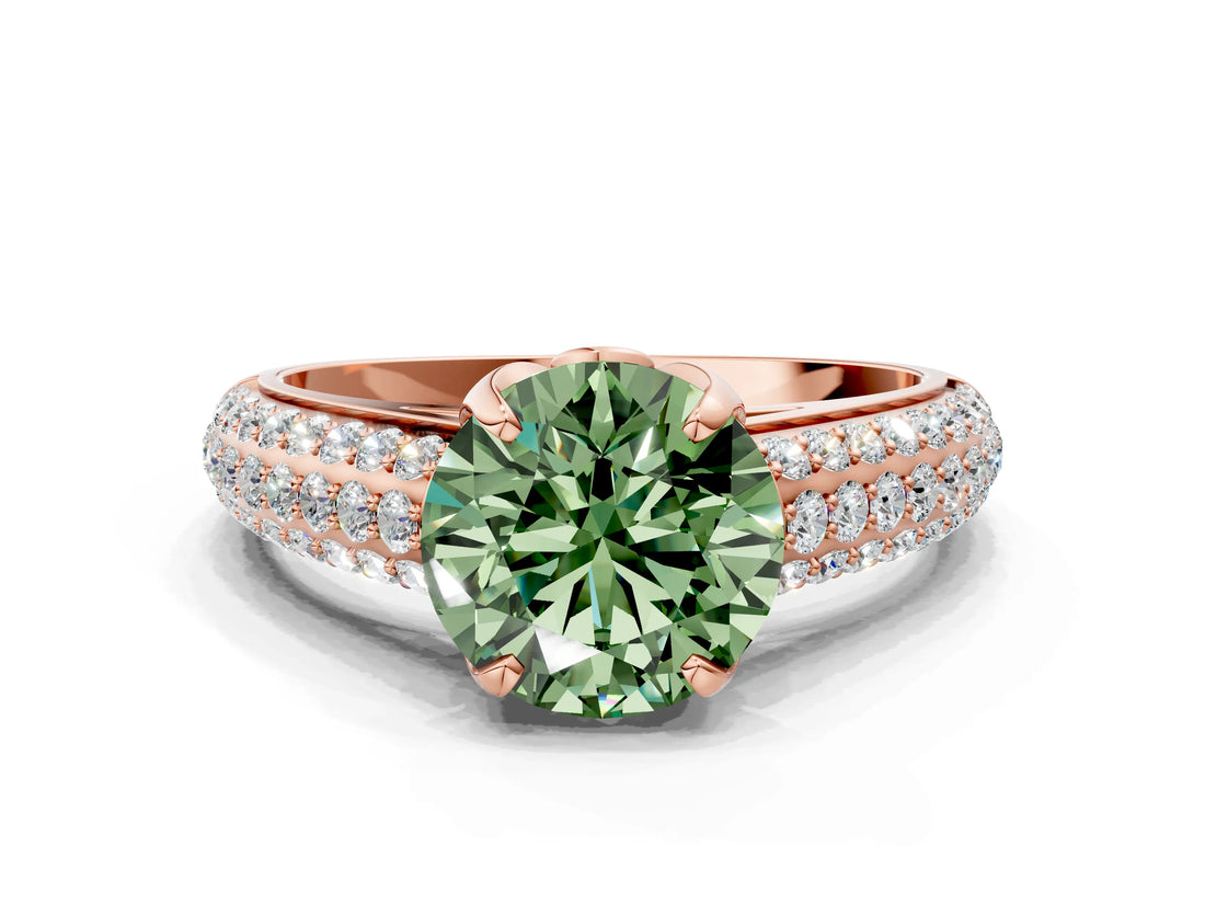 Rose gold Fancy Green Round Cut Diamond Solitaire Ring with Three-Row Pavé Band and Four-Prong Setting_36