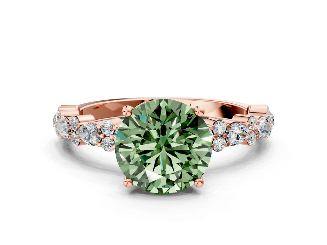 Rose gold Fancy Green Round Cut Diamond Solitaire with Side Stones, Pave Band, Four-Prong Setting_91