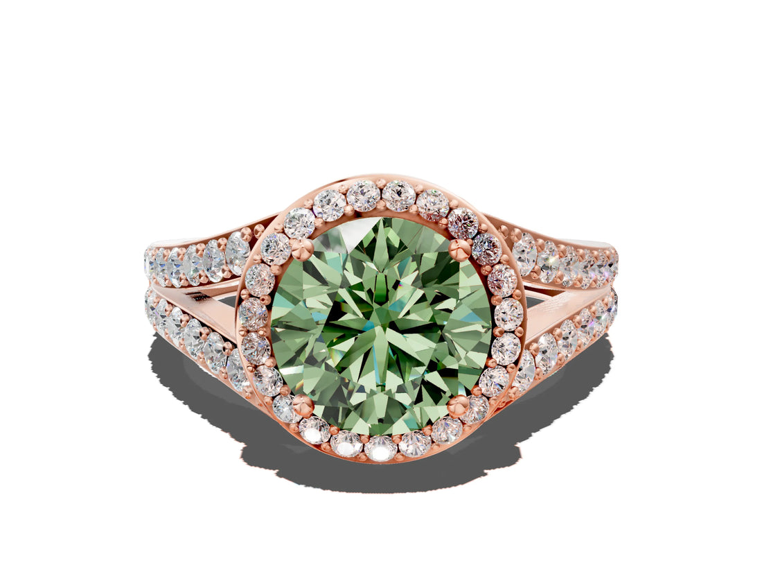 Rose gold Fancy Green Round Cut Diamond Split Shank Halo Ring with Four-Prong Setting_59