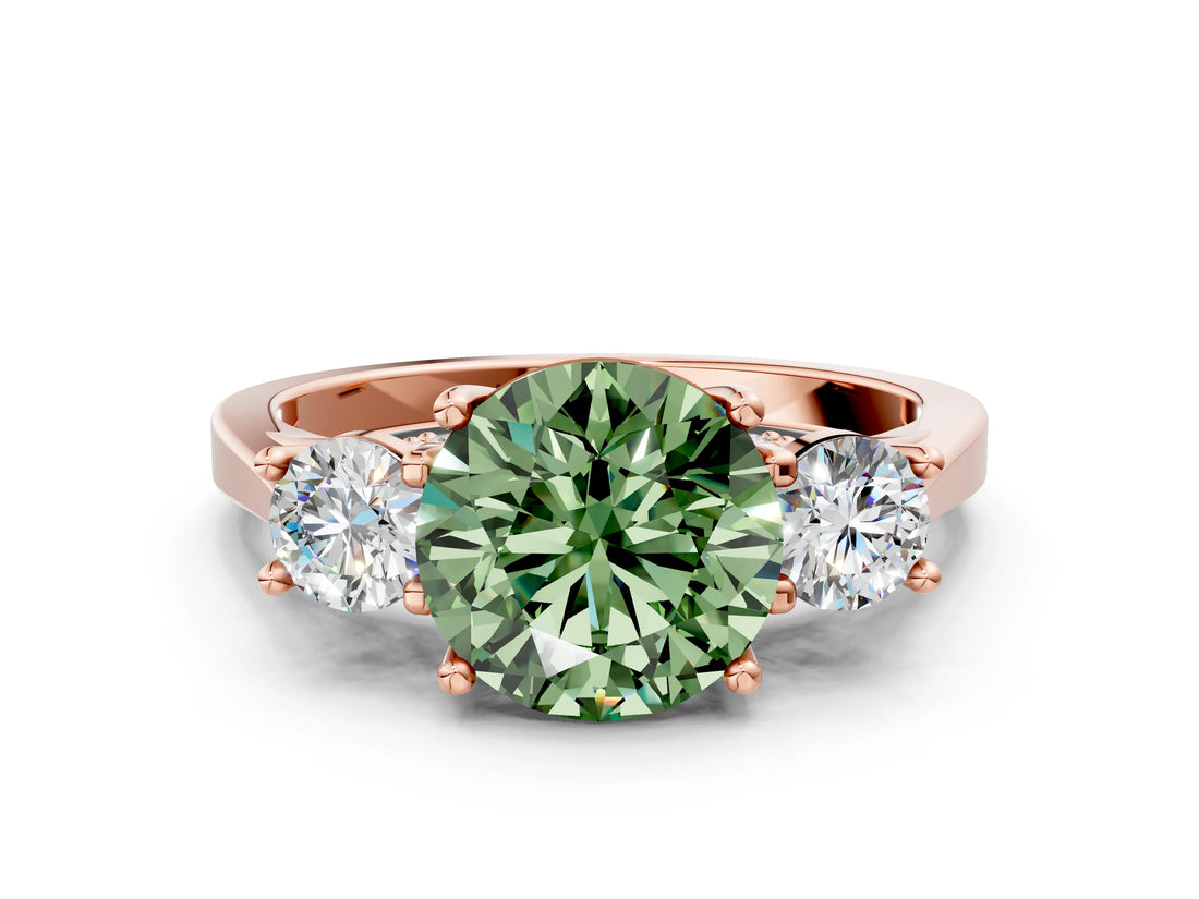 Rose gold Fancy Green Round Cut Diamond Three-Stone Engagement Ring with Prong Setting and Pavé Band