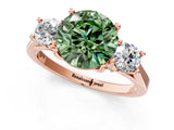 Rose gold Fancy Green Round Cut Diamond Three-Stone Engagement Ring with Prong Setting and Pavé Band_1