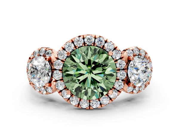 Rose Gold Round Three Stone Halo Engagement Ring Setting for Fancy Green Center