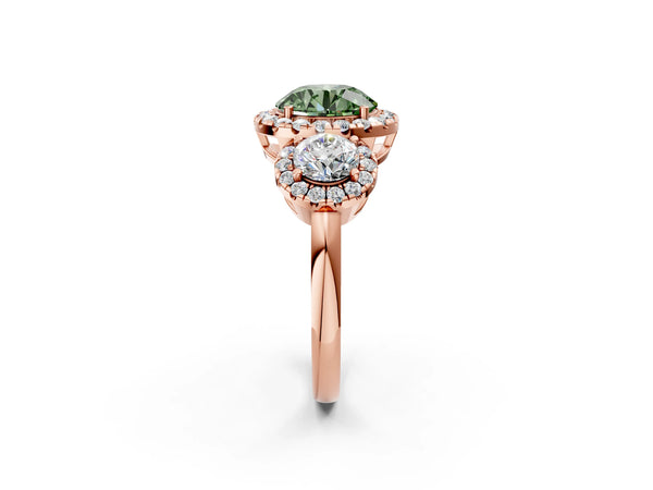 Rose Gold Round Three Stone Halo Engagement Ring Setting for Fancy Green Center