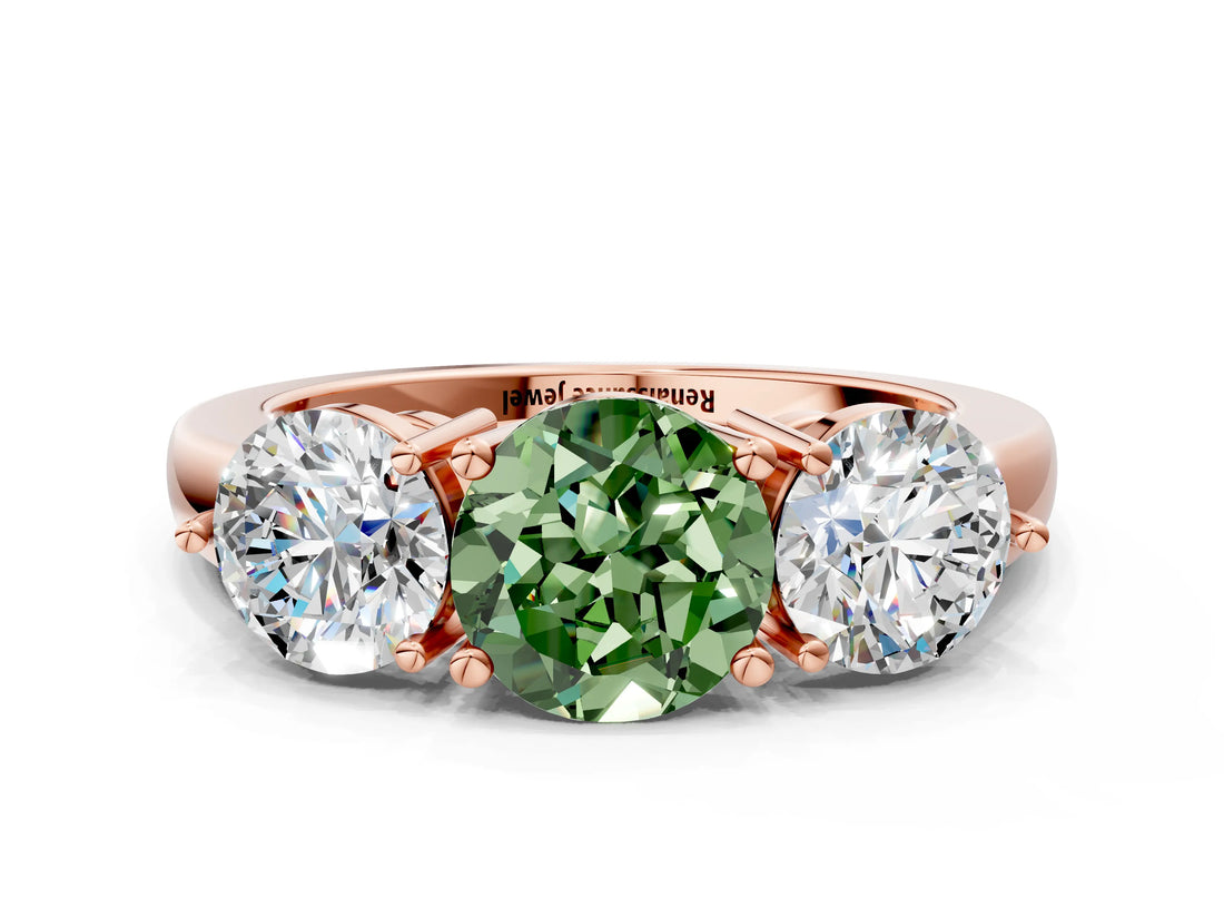 Rose gold Fancy Green Round Cut Diamond Three-Stone Ring with Prong Setting and Classic Band_110