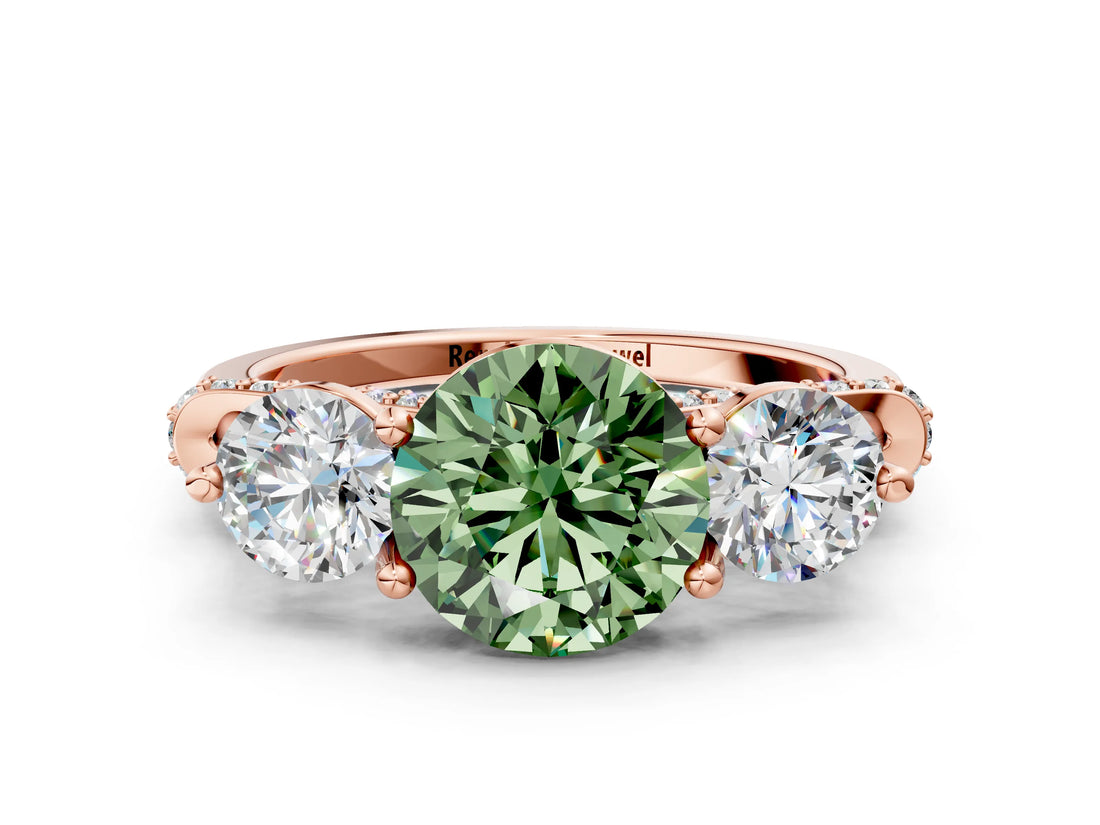 Rose gold Fancy Green Round Cut Diamond Three-Stone Ring with Prong Setting and Pavé Band