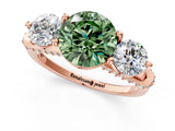 Rose gold Fancy Green Round Cut Diamond Three-Stone Ring with Prong Setting and Pavé Band_1