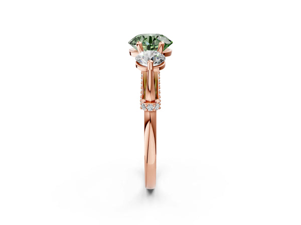 Rose Gold Round Curved Pave Three Stone Engagement Ring Setting for Fancy Green Center