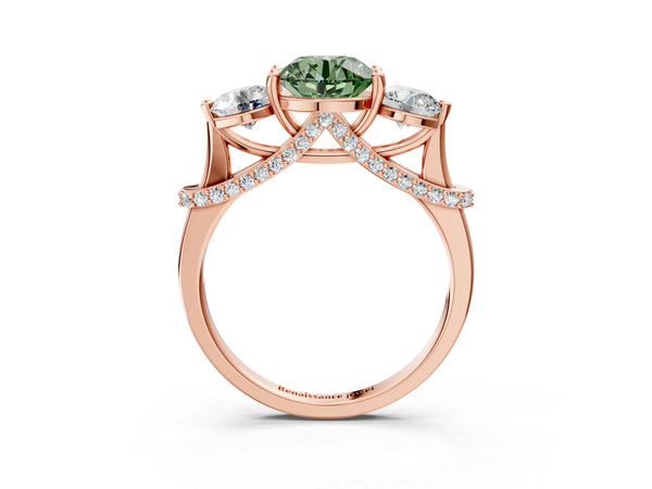Rose Gold Round Curved Pave Three Stone Engagement Ring Setting for Fancy Green Center