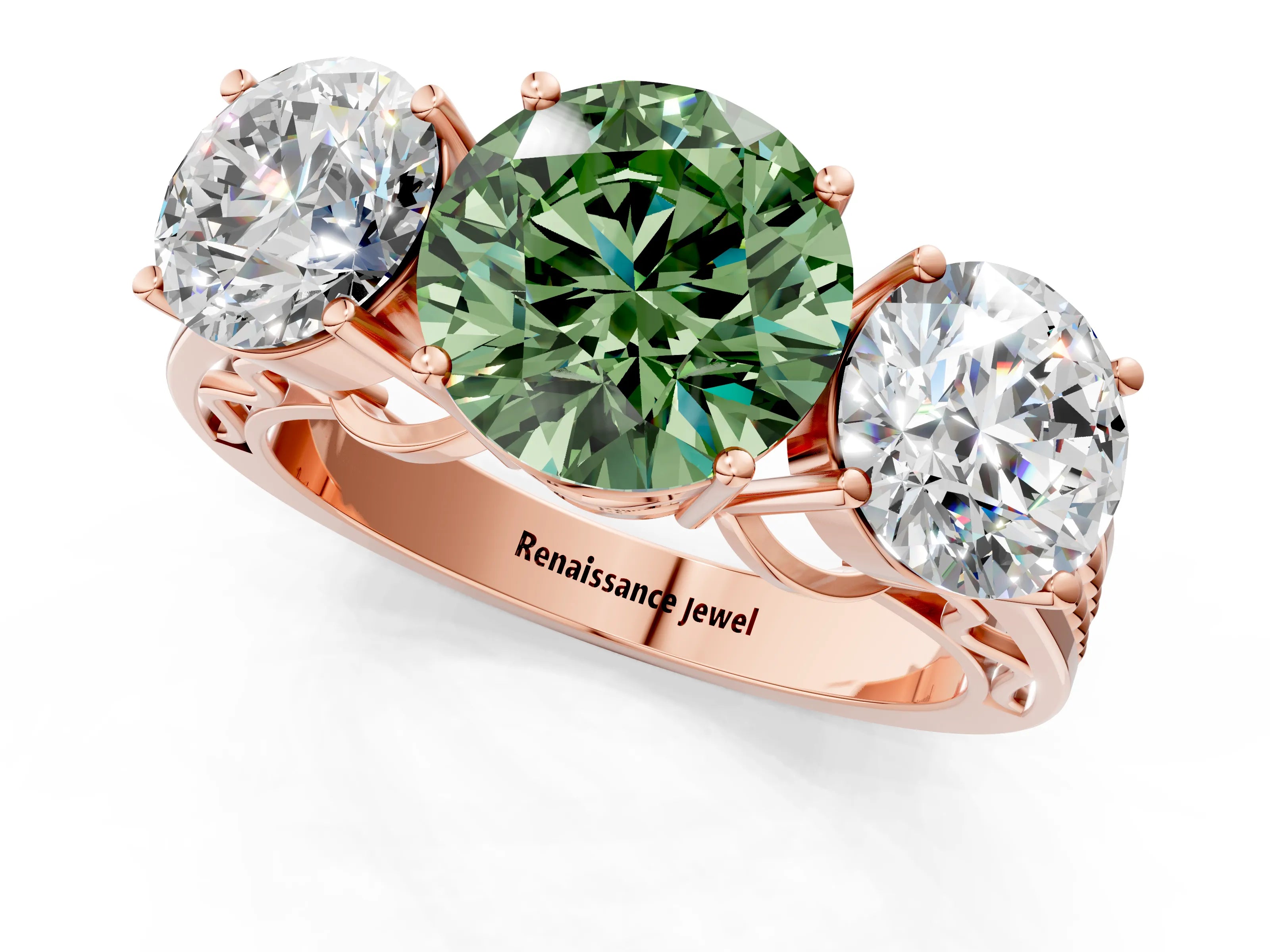 Rose gold Fancy Green Round Cut Diamond Three-Stone Ring with Prong Setting and Textured Band_1