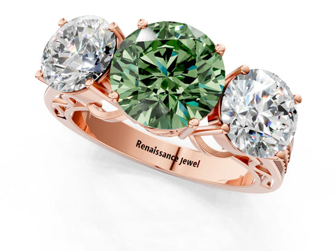 Rose gold Fancy Green Round Cut Diamond Three-Stone Ring with Prong Setting and Textured Band_1