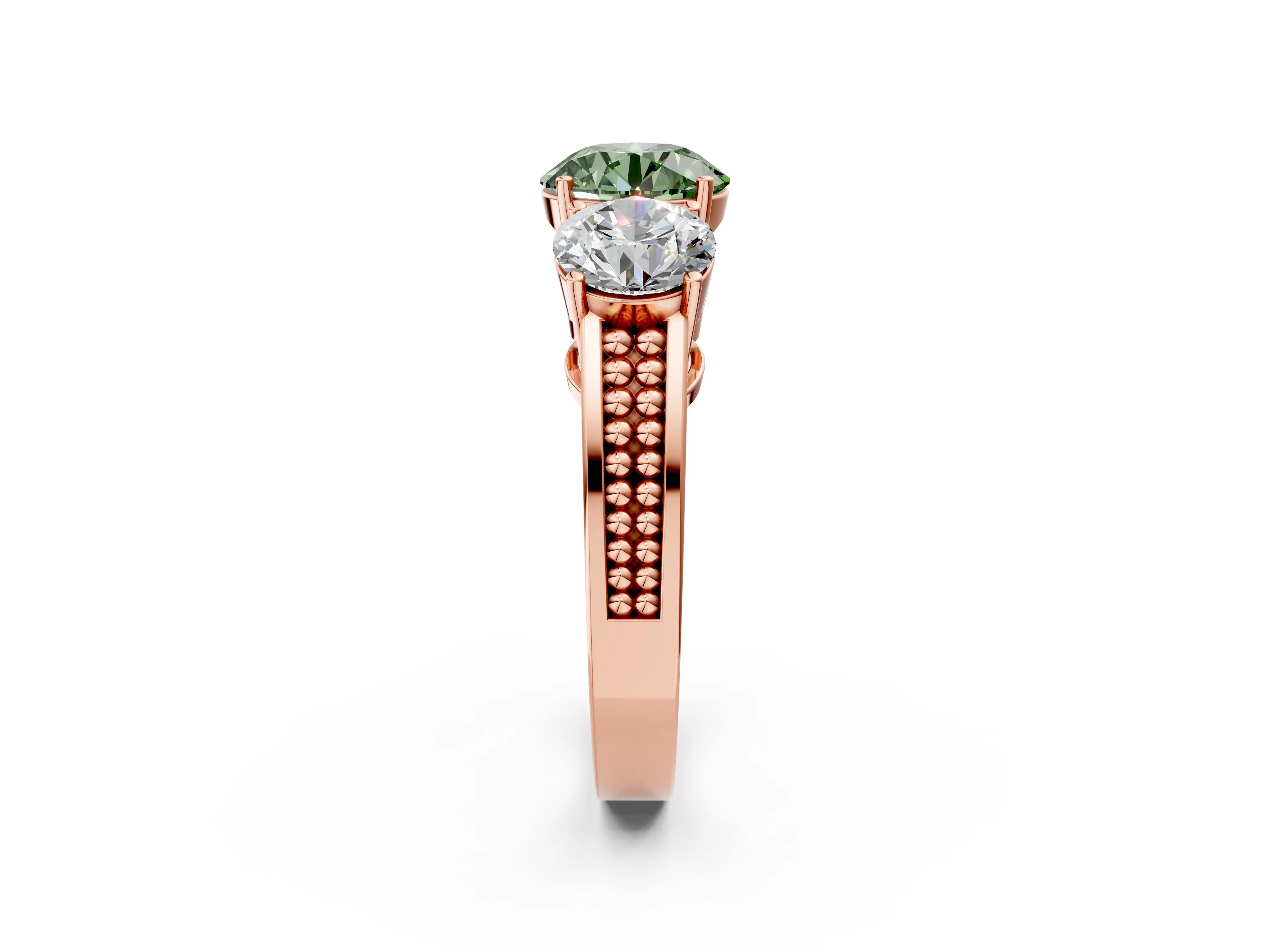 Rose gold Fancy Green Round Cut Diamond Three-Stone Ring with Prong Setting and Textured Band_2
